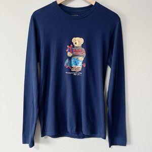 Polo Ralph Lauren Christmas Bear Long Sleeve Tee Shirt Navy Blue Mens Size Small